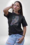 Anahtar Baykuş Tuval   Kadın Erkek Unisex Siyah Organik Baskılı T-Shirt Penye Yüksek Kalite