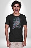 Anahtar Baykuş Tuval   Kadın Erkek Unisex Siyah Organik Baskılı T-Shirt Penye Yüksek Kalite