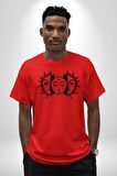 Ay ve Güneş Retro  Pamuklu Bisiklet Yaka Kadın Erkek Oversize Boyfriend Dijital Baskılı Kırmızı T-Shirt