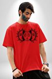 Ay ve Güneş Retro  Pamuklu Bisiklet Yaka Kadın Erkek Oversize Boyfriend Dijital Baskılı Kırmızı T-Shirt