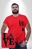 Harry Potter Love  Kırmızı Büyük Beden Kadın Basic Minimal Baskılı Tişört