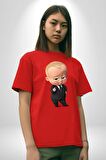 Patron Bebek Pamuklu Bisiklet Yaka Kadın Erkek Oversize Boyfriend Dijital Baskılı Kırmızı T-Shirt