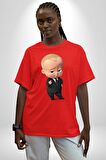 Patron Bebek Pamuklu Bisiklet Yaka Kadın Erkek Oversize Boyfriend Dijital Baskılı Kırmızı T-Shirt