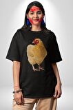 Tavuk Pamuklu Bisiklet Yaka Kadın Erkek Oversize Boyfriend Dijital Baskılı Siyah T-shirt
