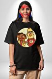 Susam Sokağı Edi İle Büdü Pamuklu Bisiklet Yaka Kadın Erkek Oversize Boyfriend Dijital Baskılı Siyah T-shirt