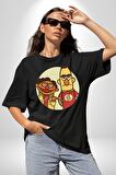 Susam Sokağı Edi İle Büdü Pamuklu Bisiklet Yaka Kadın Erkek Oversize Boyfriend Dijital Baskılı Siyah T-shirt