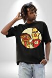 Susam Sokağı Edi İle Büdü Pamuklu Bisiklet Yaka Kadın Erkek Oversize Boyfriend Dijital Baskılı Siyah T-shirt