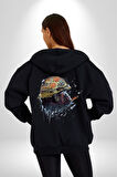 Kasket Miğfer Goril Savaşcı Kadın Erkek Siyah Renk Kapüşonlu Kanguru Cepli  Fermuarlı Pamuklu Oversize Dijital Baskılı Hırka Sweatshirt