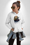 Kasket Miğfer Goril Savaşcı Kadın Erkek  Beyaz Kapüşonlu Sweatshirt Hoodie