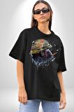 Kasket Miğfer Goril Savaşcı Pamuklu Bisiklet Yaka Kadın Erkek Oversize Boyfriend Dijital Baskılı Siyah T-shirt