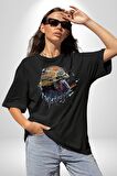 Kasket Miğfer Goril Savaşcı Pamuklu Bisiklet Yaka Kadın Erkek Oversize Boyfriend Dijital Baskılı Siyah T-shirt