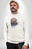 Kasket Miğfer Goril Savaşcı Kadın Erkek  Beyaz Baskılı Sweatshirt 