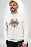 Pop Art Kaplan Müzik Kulaklık Güneş Gözlüğü Kadın Erkek  Beyaz Baskılı Sweatshirt 