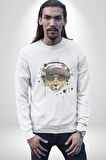 Pop Art Kaplan Müzik Kulaklık Güneş Gözlüğü Kadın Erkek  Beyaz Baskılı Sweatshirt 