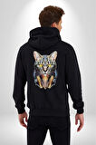 Kulaklık Kedi  Kadın Erkek Siyah Renk Kapüşonlu Kanguru Cepli  Fermuarlı Pamuklu Oversize Dijital Baskılı Hırka Sweatshirt