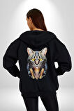 Kulaklık Kedi  Kadın Erkek Siyah Renk Kapüşonlu Kanguru Cepli  Fermuarlı Pamuklu Oversize Dijital Baskılı Hırka Sweatshirt