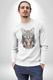 Kulaklık Kedi  Kadın Erkek  Beyaz Baskılı Sweatshirt 