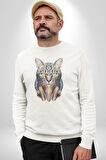 Kulaklık Kedi  Kadın Erkek  Beyaz Baskılı Sweatshirt 