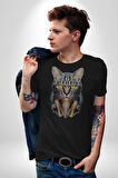 Kulaklık Kedi  Kadın Erkek Unisex Siyah Organik Baskılı T-Shirt Penye Yüksek Kalite