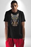 Kulaklık Kedi  Kadın Erkek Unisex Siyah Organik Baskılı T-Shirt Penye Yüksek Kalite