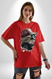 Pilot Çeketli Deri Şapkalı Cool Kedi Pamuklu Bisiklet Yaka Kadın Erkek Oversize Boyfriend Dijital Baskılı Kırmızı T-Shirt