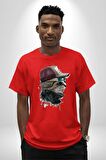 Pilot Çeketli Deri Şapkalı Cool Kedi Pamuklu Bisiklet Yaka Kadın Erkek Oversize Boyfriend Dijital Baskılı Kırmızı T-Shirt