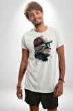 Pilot Çeketli Deri Şapkalı Cool Kedi Kadın Erkek Unisex Beyaz Organik Baskılı T-Shirt Penye Yüksek Kalite