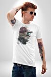 Pilot Çeketli Deri Şapkalı Cool Kedi Kadın Erkek Unisex Beyaz Organik Baskılı T-Shirt Penye Yüksek Kalite