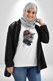Pilot Çeketli Deri Şapkalı Cool Kedi Kadın Erkek Unisex Beyaz Organik Baskılı T-Shirt Penye Yüksek Kalite