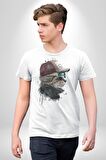 Pilot Çeketli Deri Şapkalı Cool Kedi Kadın Erkek Unisex Beyaz Organik Baskılı T-Shirt Penye Yüksek Kalite