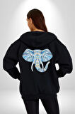 Mandala  Renkli Fil Kadın Erkek Siyah Renk Kapüşonlu Kanguru Cepli  Fermuarlı Pamuklu Oversize Dijital Baskılı Hırka Sweatshirt