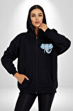 Mandala  Renkli Fil Kadın Erkek Siyah Renk Kapüşonlu Kanguru Cepli  Fermuarlı Pamuklu Oversize Dijital Baskılı Hırka Sweatshirt