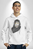 Safari Kedi Şal Eşarp Kadın Erkek  Beyaz Kapüşonlu Sweatshirt Hoodie