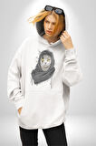 Safari Kedi Şal Eşarp Kadın Erkek  Beyaz Kapüşonlu Sweatshirt Hoodie