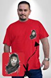 Safari Kedi Şal Eşarp Kırmızı Büyük Beden Kadın Basic Minimal Baskılı Tişört