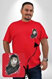 Safari Kedi Şal Eşarp Kırmızı Büyük Beden Kadın Basic Minimal Baskılı Tişört