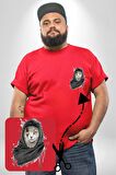 Safari Kedi Şal Eşarp Kırmızı Büyük Beden Kadın Basic Minimal Baskılı Tişört