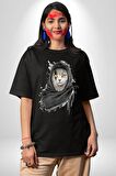 Safari Kedi Şal Eşarp Pamuklu Bisiklet Yaka Kadın Erkek Oversize Boyfriend Dijital Baskılı Siyah T-shirt