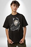 Safari Kedi Şal Eşarp Pamuklu Bisiklet Yaka Kadın Erkek Oversize Boyfriend Dijital Baskılı Siyah T-shirt