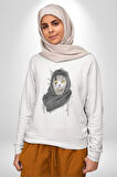 Safari Kedi Şal Eşarp Kadın Erkek  Beyaz Baskılı Sweatshirt 