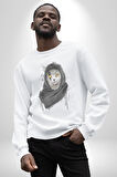 Safari Kedi Şal Eşarp Kadın Erkek  Beyaz Baskılı Sweatshirt 