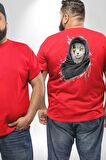 Safari Kedi Şal Eşarp Büyük Beden Kırmızı Tişört Kadın Erkek Ünisex Sırt Baskılı