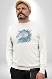 At Mandala Kafası Kadın Erkek  Beyaz Baskılı Sweatshirt 