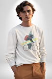 Komik Köpek Sörf Tahtası Bisiklet Kadın Erkek  Beyaz Baskılı Sweatshirt 