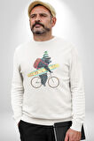 Komik Köpek Sörf Tahtası Bisiklet Kadın Erkek  Beyaz Baskılı Sweatshirt 