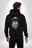 Kasket Bandana Motorcu Kedi Kadın Erkek Siyah Renk Kapüşonlu Kanguru Cepli  Fermuarlı Pamuklu Oversize Dijital Baskılı Hırka Sweatshirt