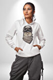 Kasket Bandana Motorcu Kedi Kadın Erkek  Beyaz Kapüşonlu Sweatshirt Hoodie