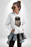 Kasket Bandana Motorcu Kedi Kadın Erkek  Beyaz Kapüşonlu Sweatshirt Hoodie