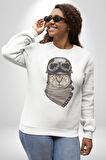 Kasket Bandana Motorcu Kedi Kadın Erkek  Beyaz Baskılı Sweatshirt 