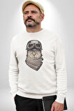 Kasket Bandana Motorcu Kedi Kadın Erkek  Beyaz Baskılı Sweatshirt 